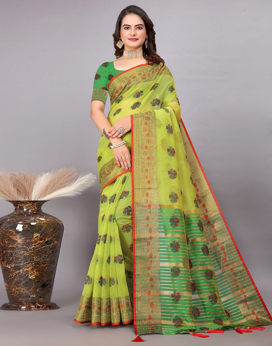 Dark Green Plain Cotton Saree