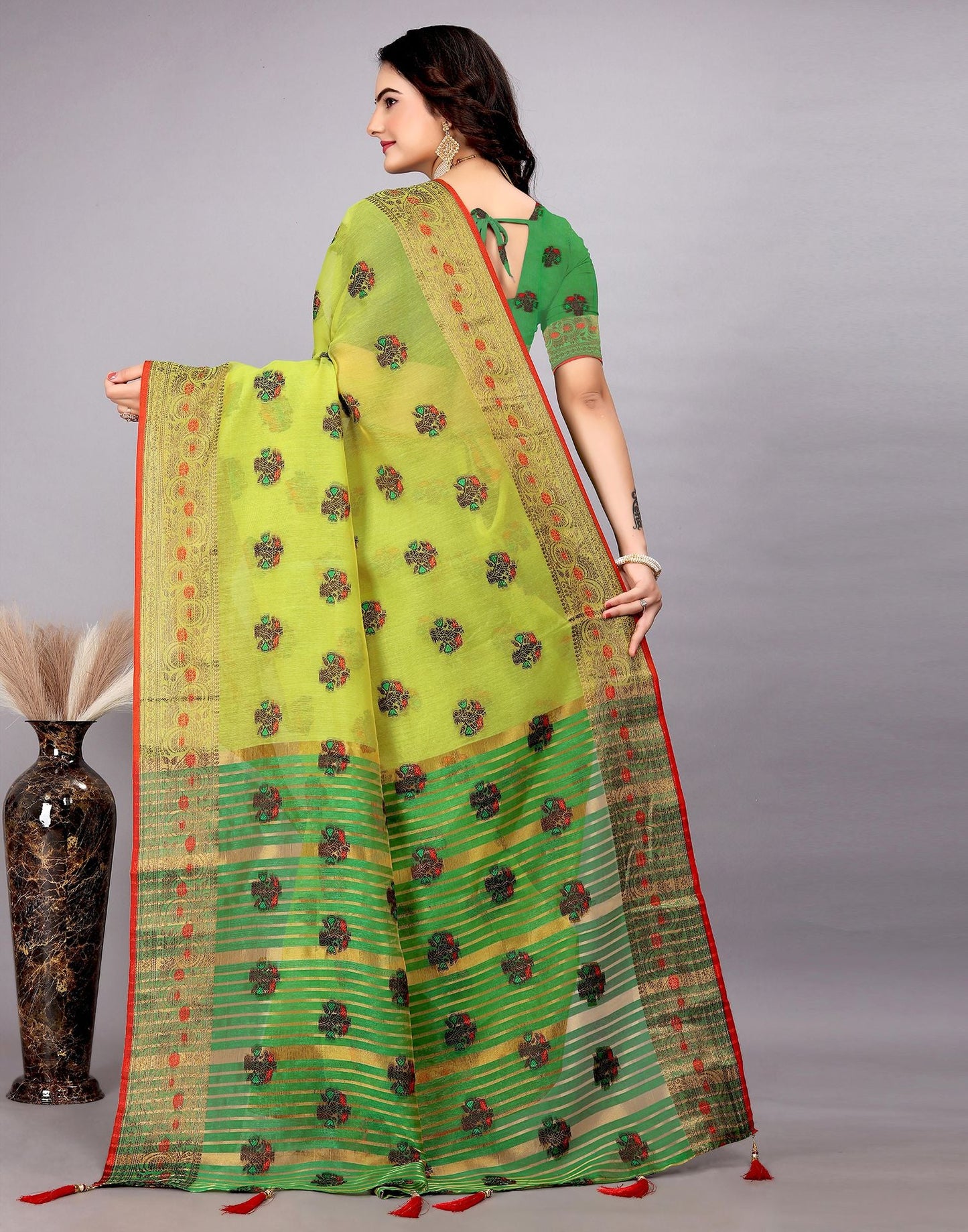 Dark Green Plain Cotton Saree