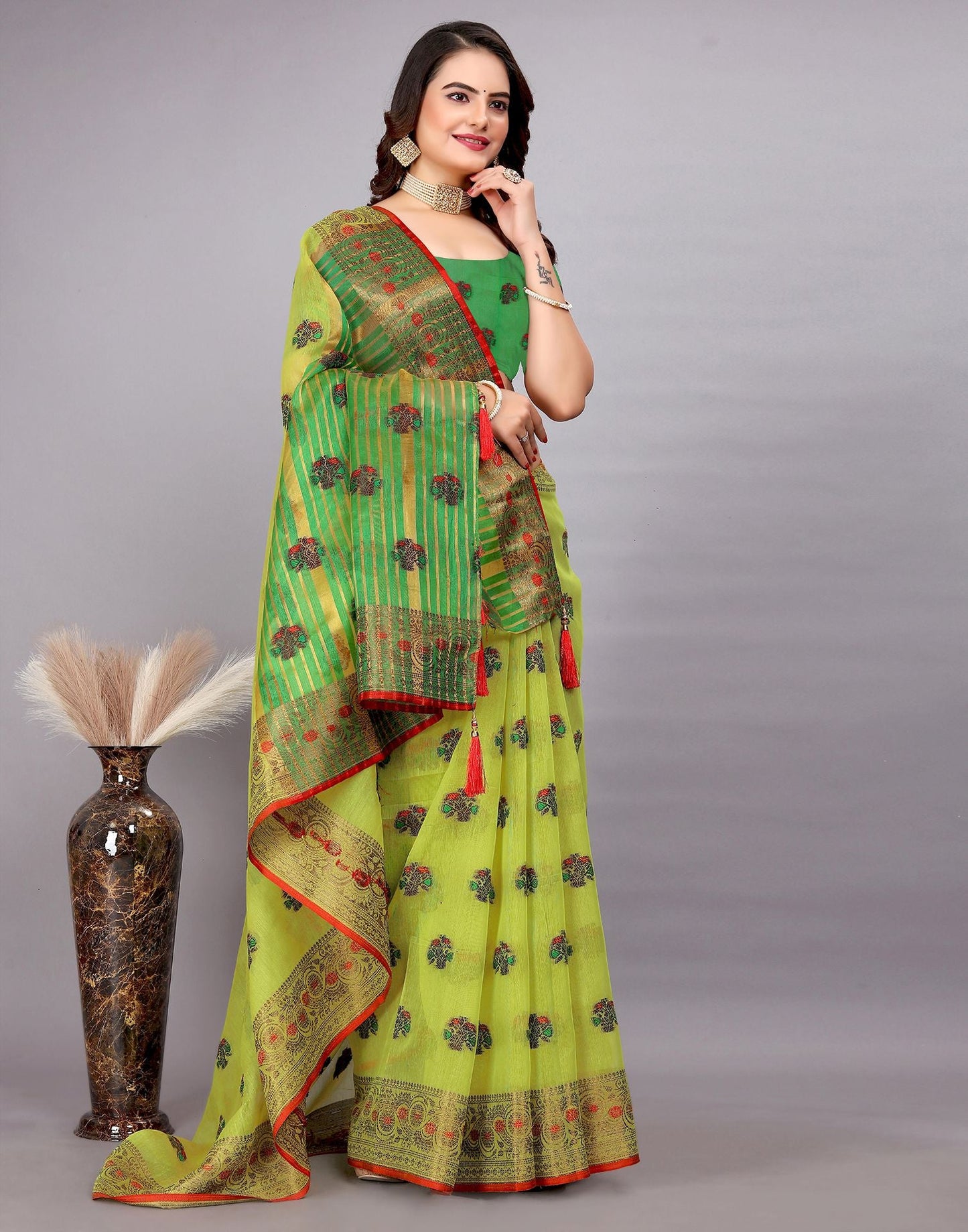 Dark Green Plain Cotton Saree