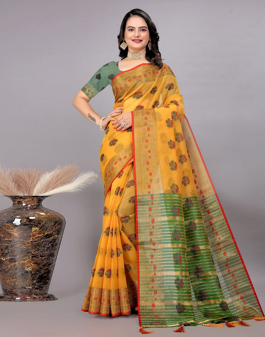 Dark Green Plain Cotton Saree