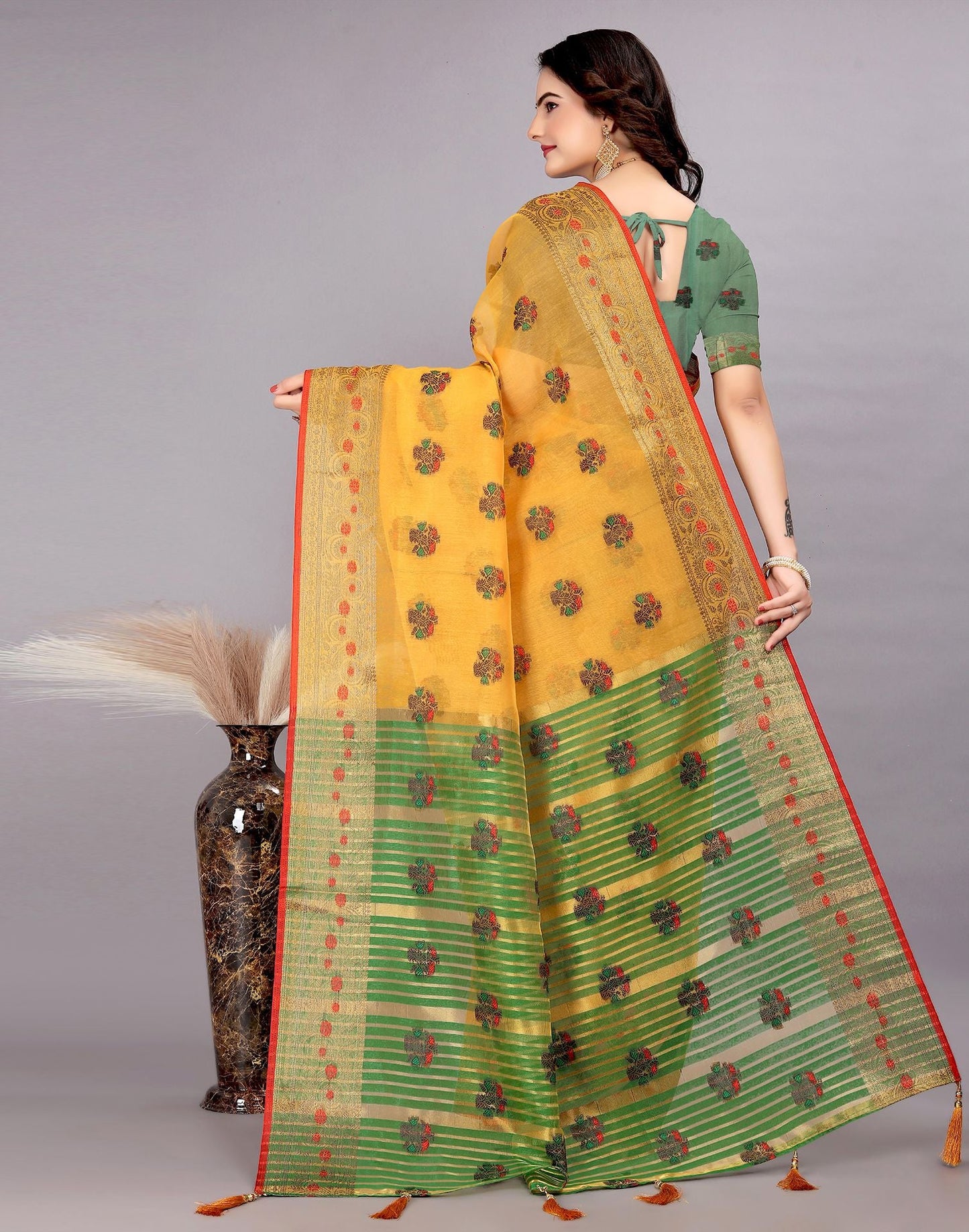 Dark Green Plain Cotton Saree