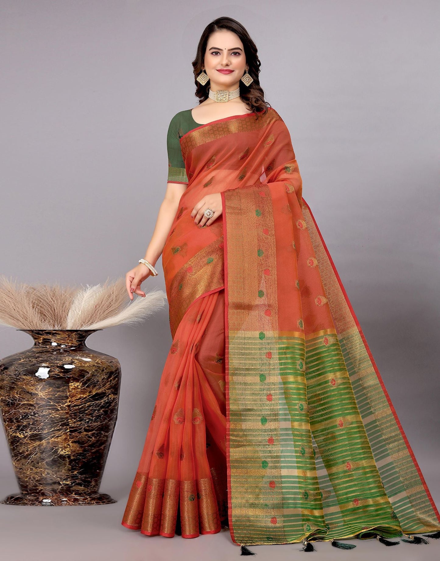 Dark Green Plain Cotton Saree