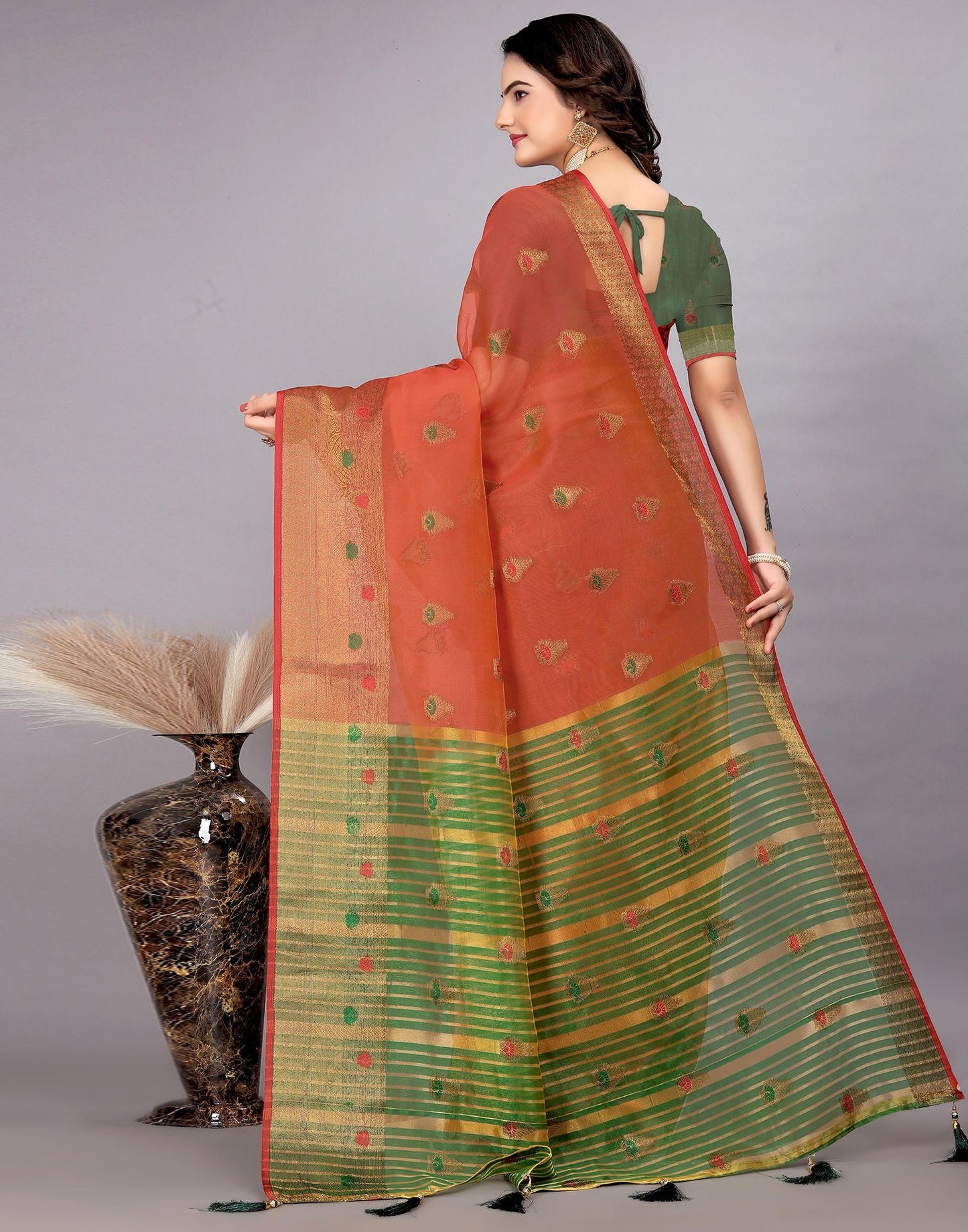 Dark Green Plain Cotton Saree