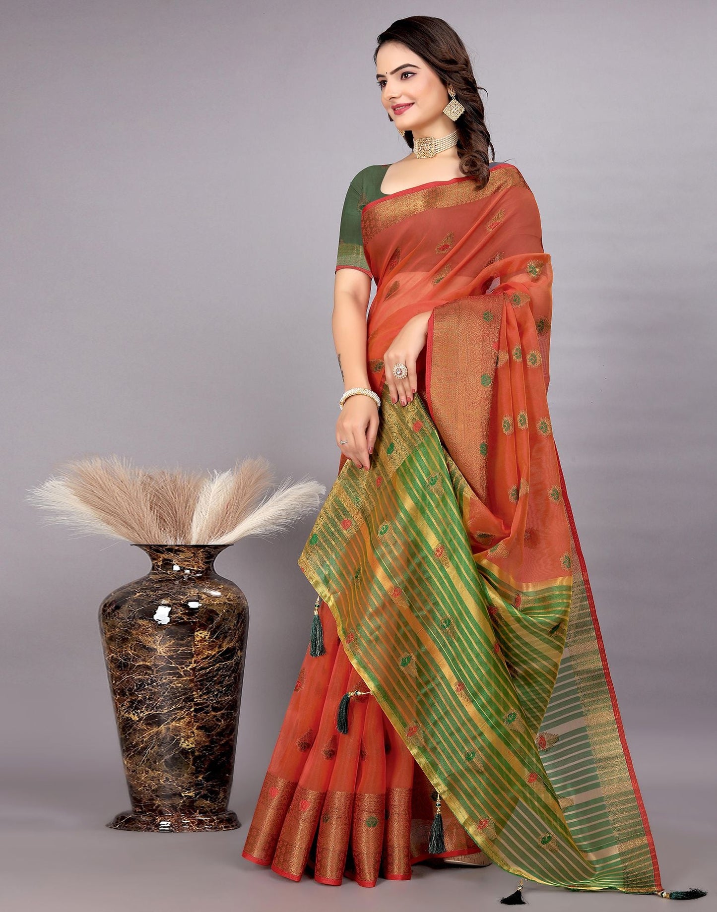 Dark Green Plain Cotton Saree