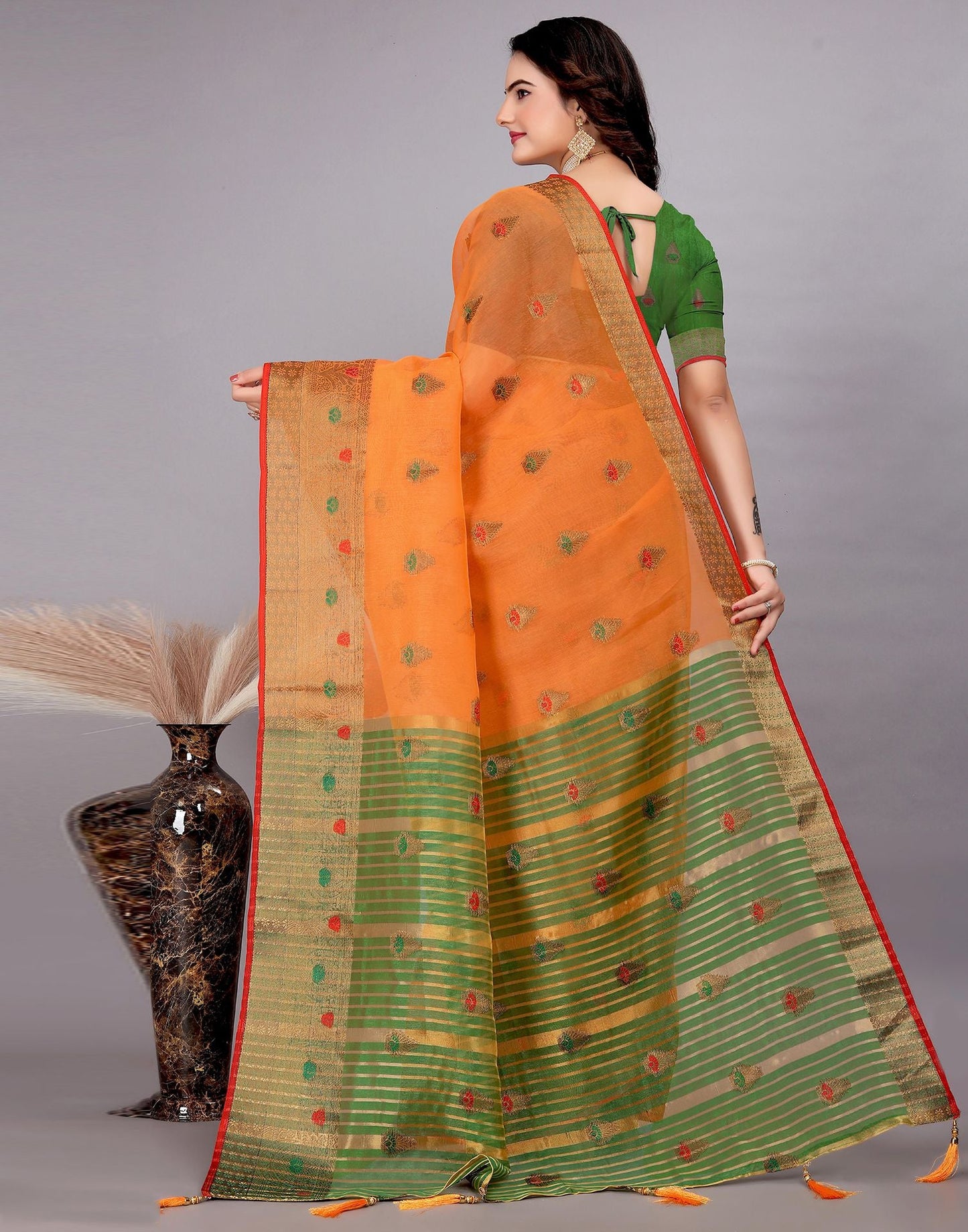 Dark Green Plain Cotton Saree