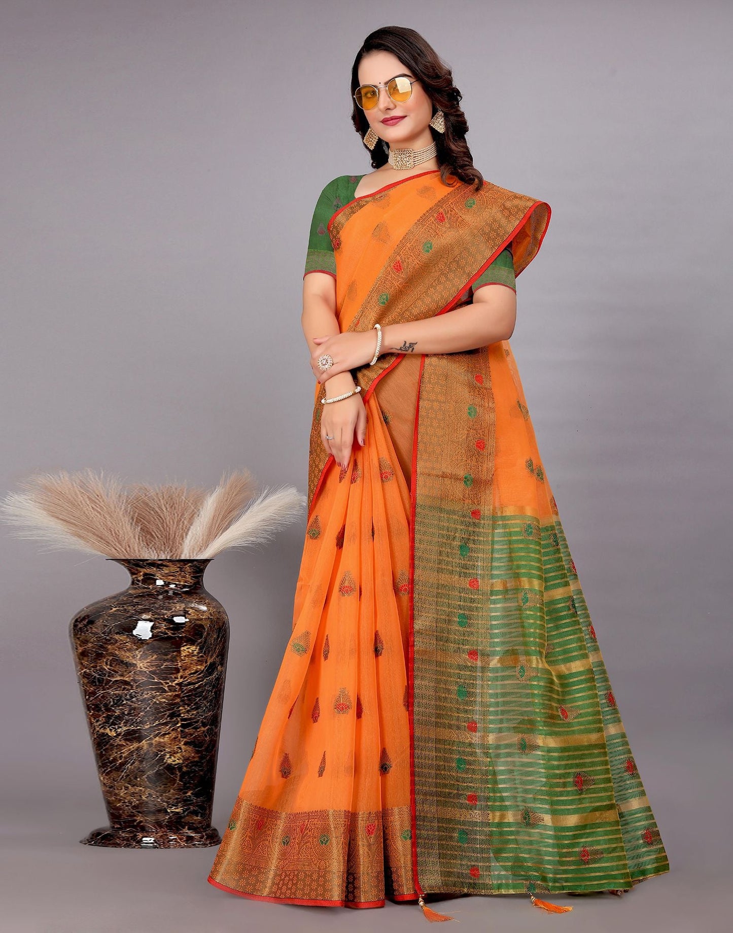 Dark Green Plain Cotton Saree