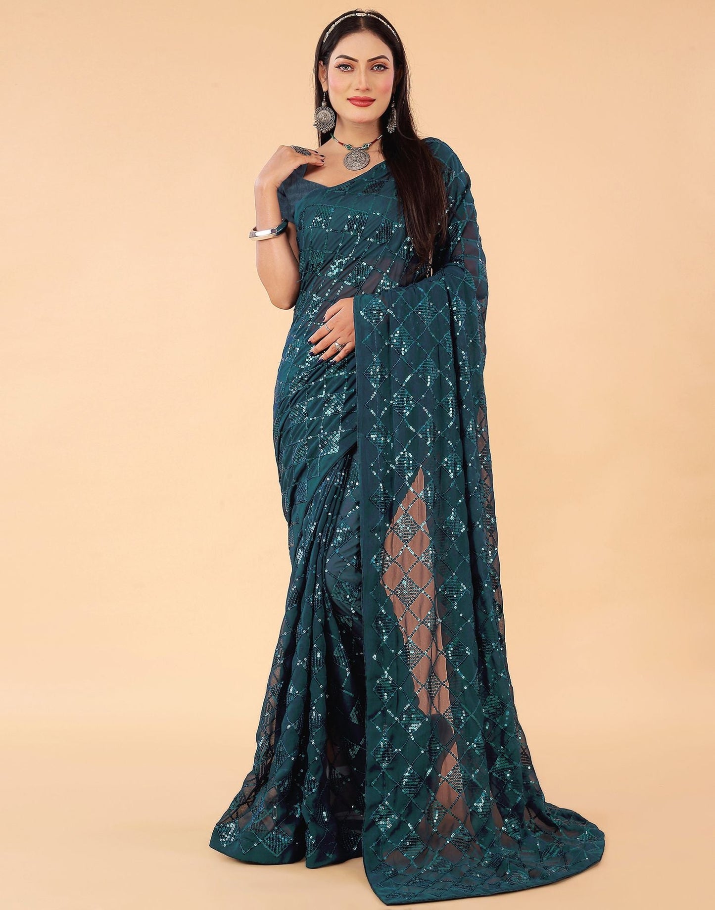 Dark Rama Plain Georgette Saree