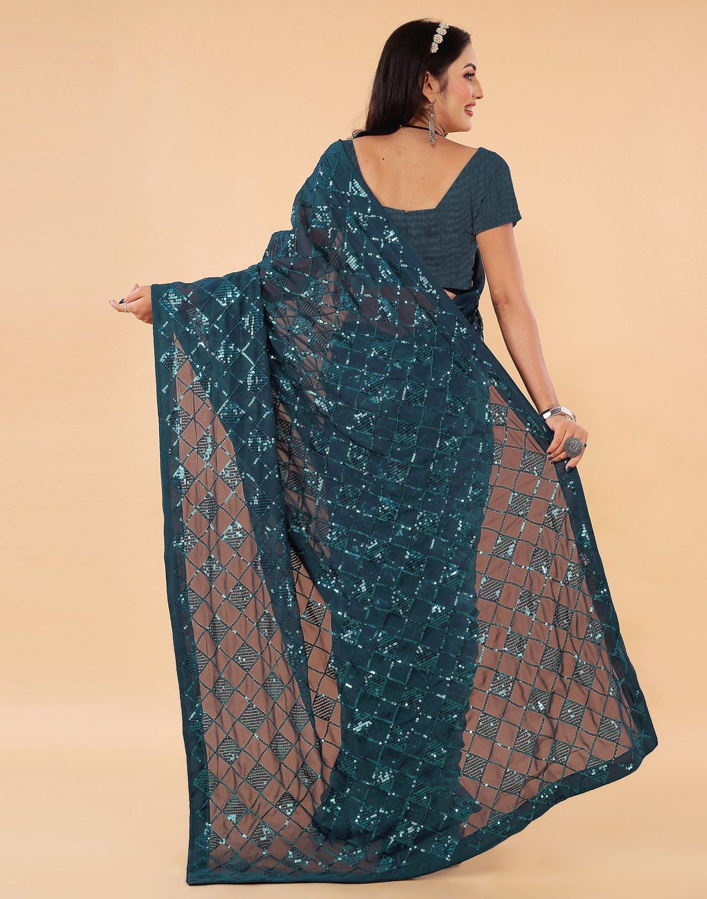 Dark Rama Plain Georgette Saree