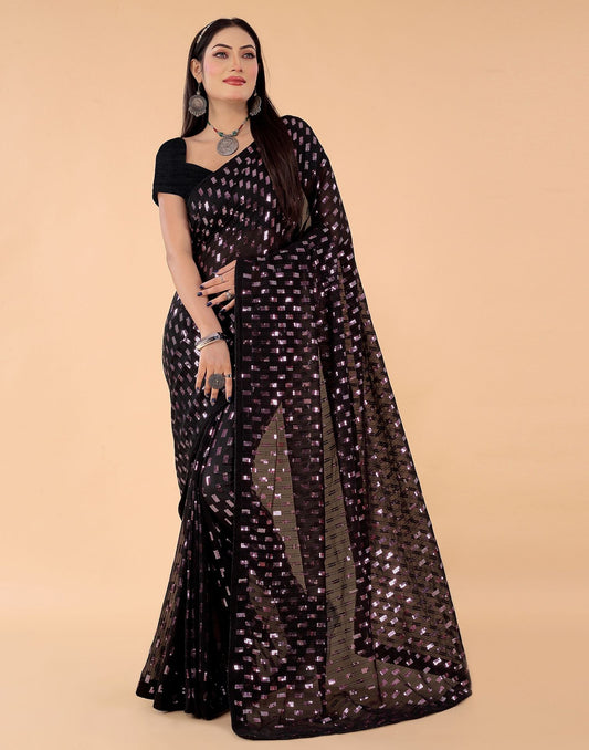 Black Plain Georgette Saree