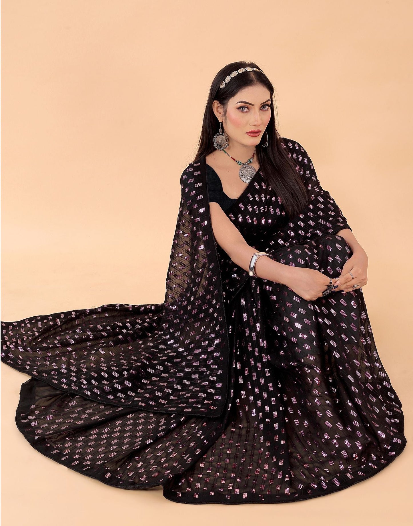 Black Plain Georgette Saree