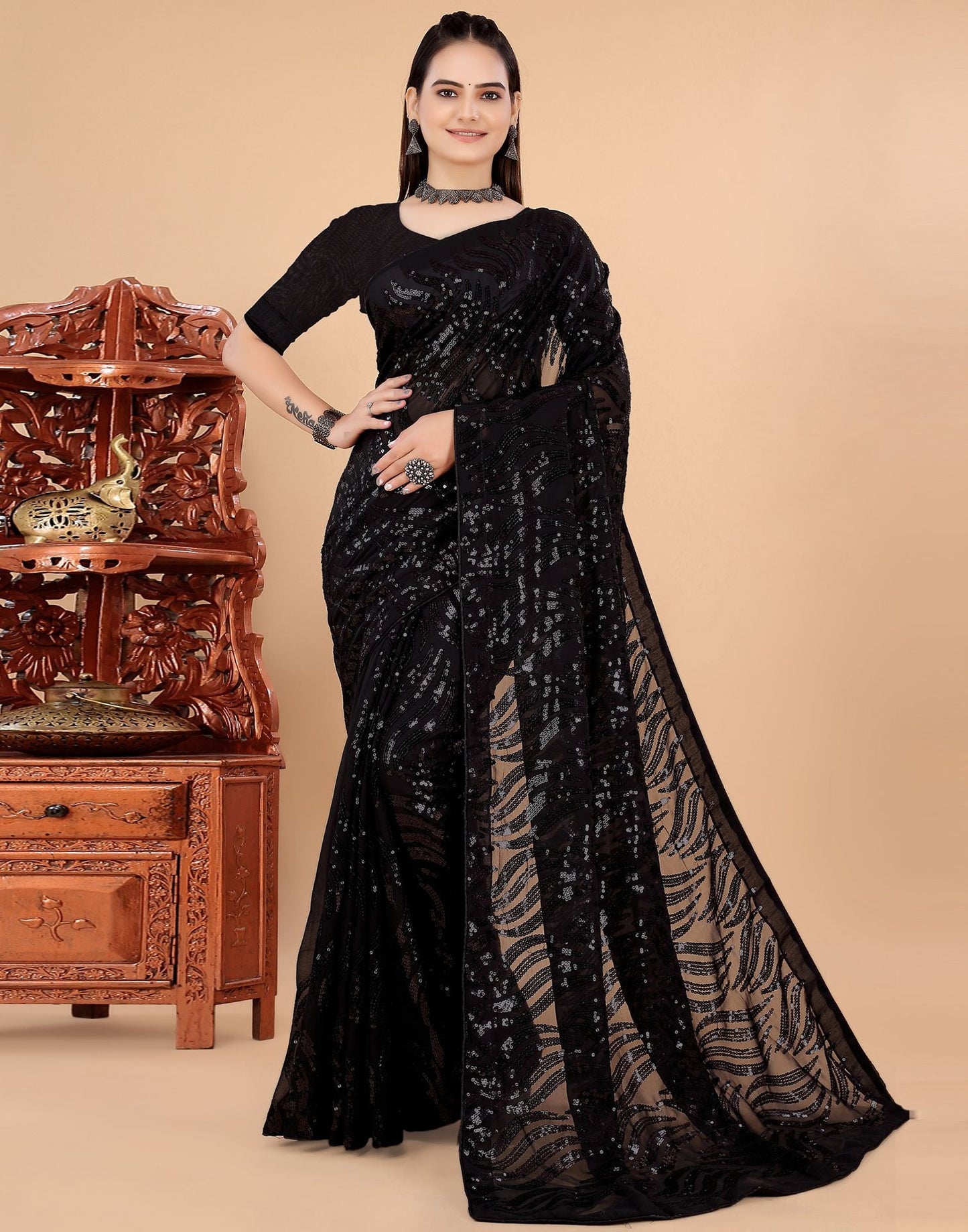Black Plain Georgette Saree