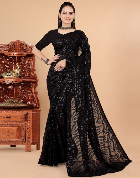 Black Plain Georgette Saree