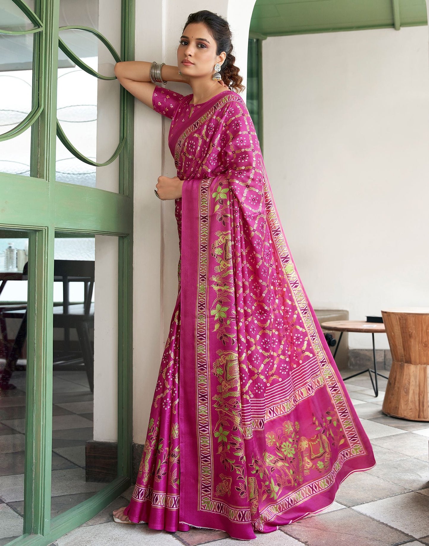 Rani Pink Printed Silk Saree