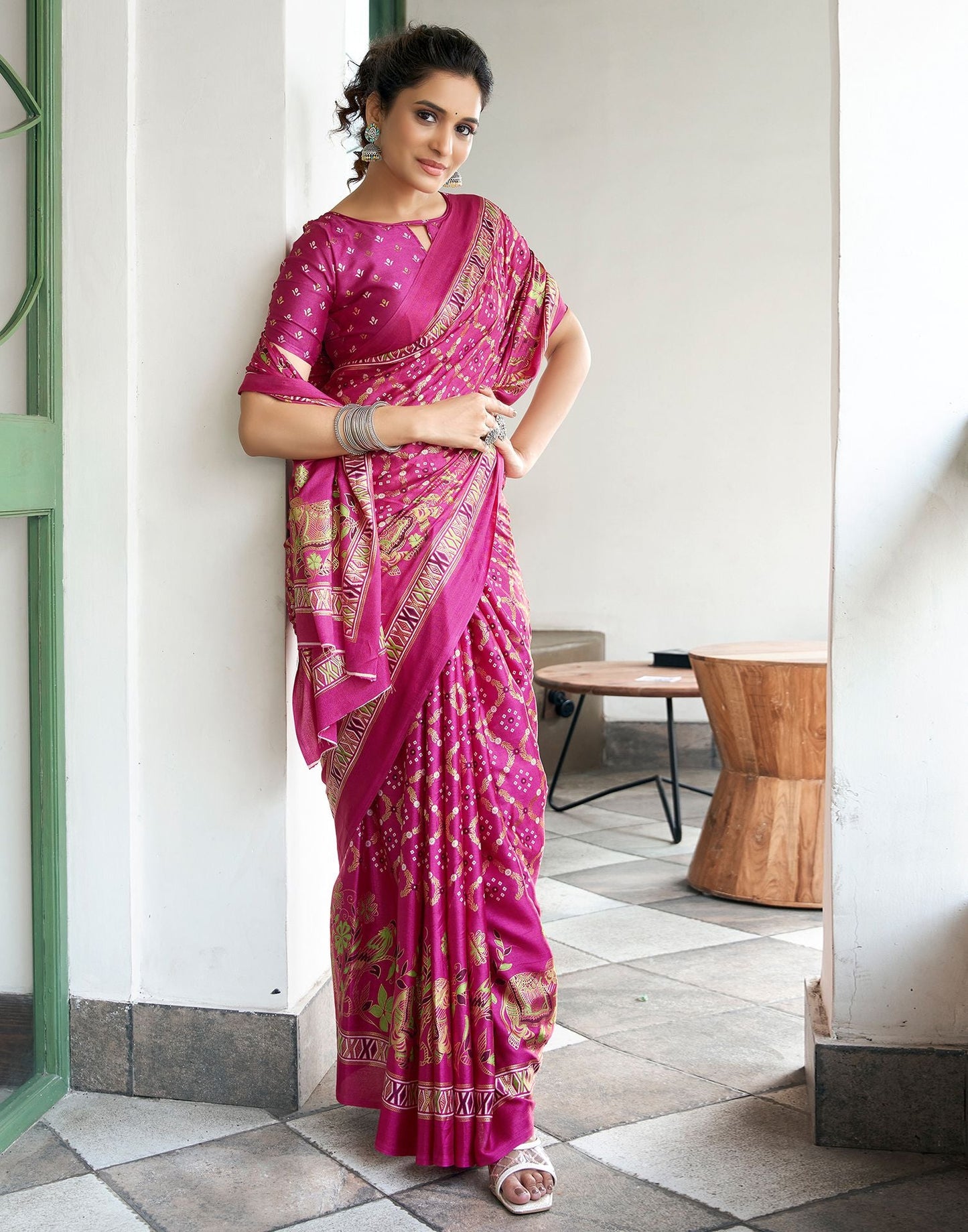 Rani Pink Printed Silk Saree