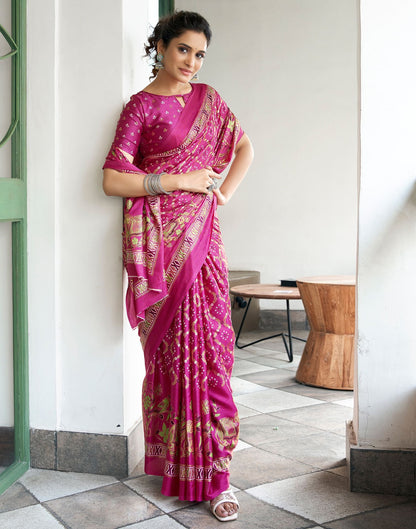 Rani Pink Printed Silk Saree