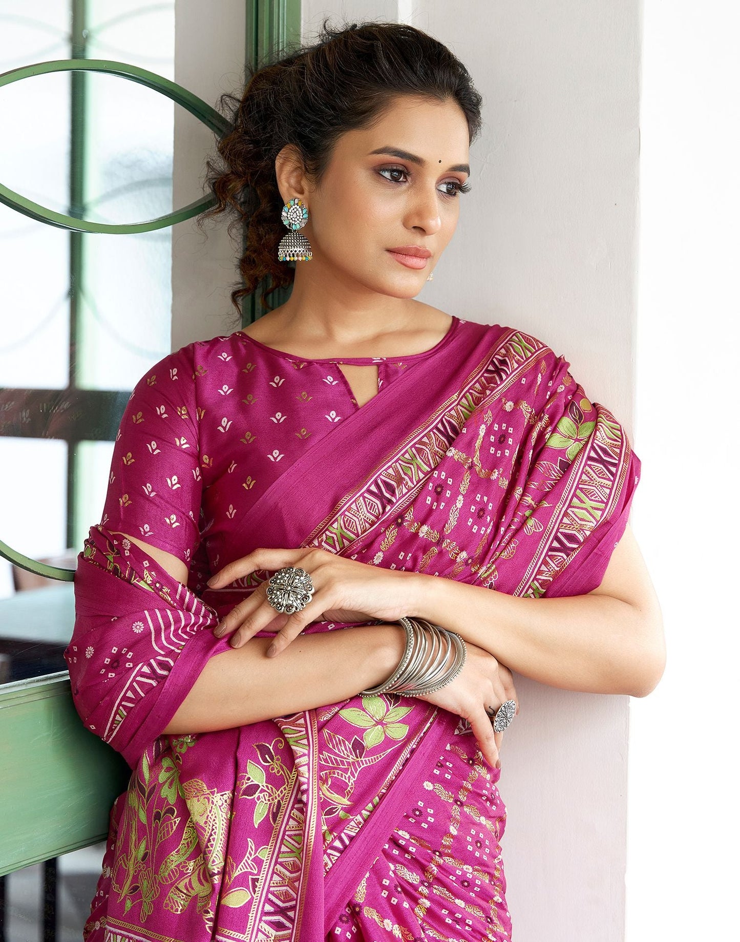 Rani Pink Printed Silk Saree