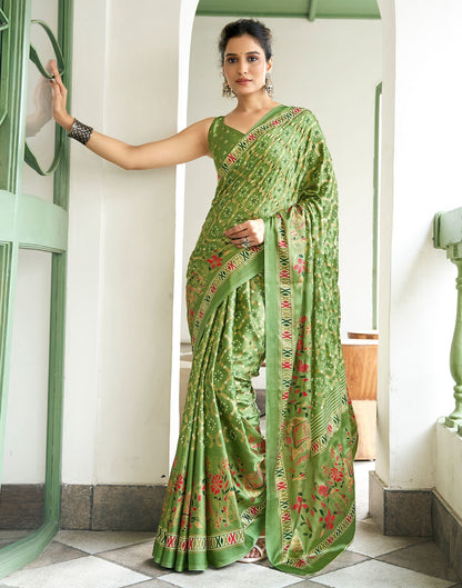 Pista Green Printed Silk Saree