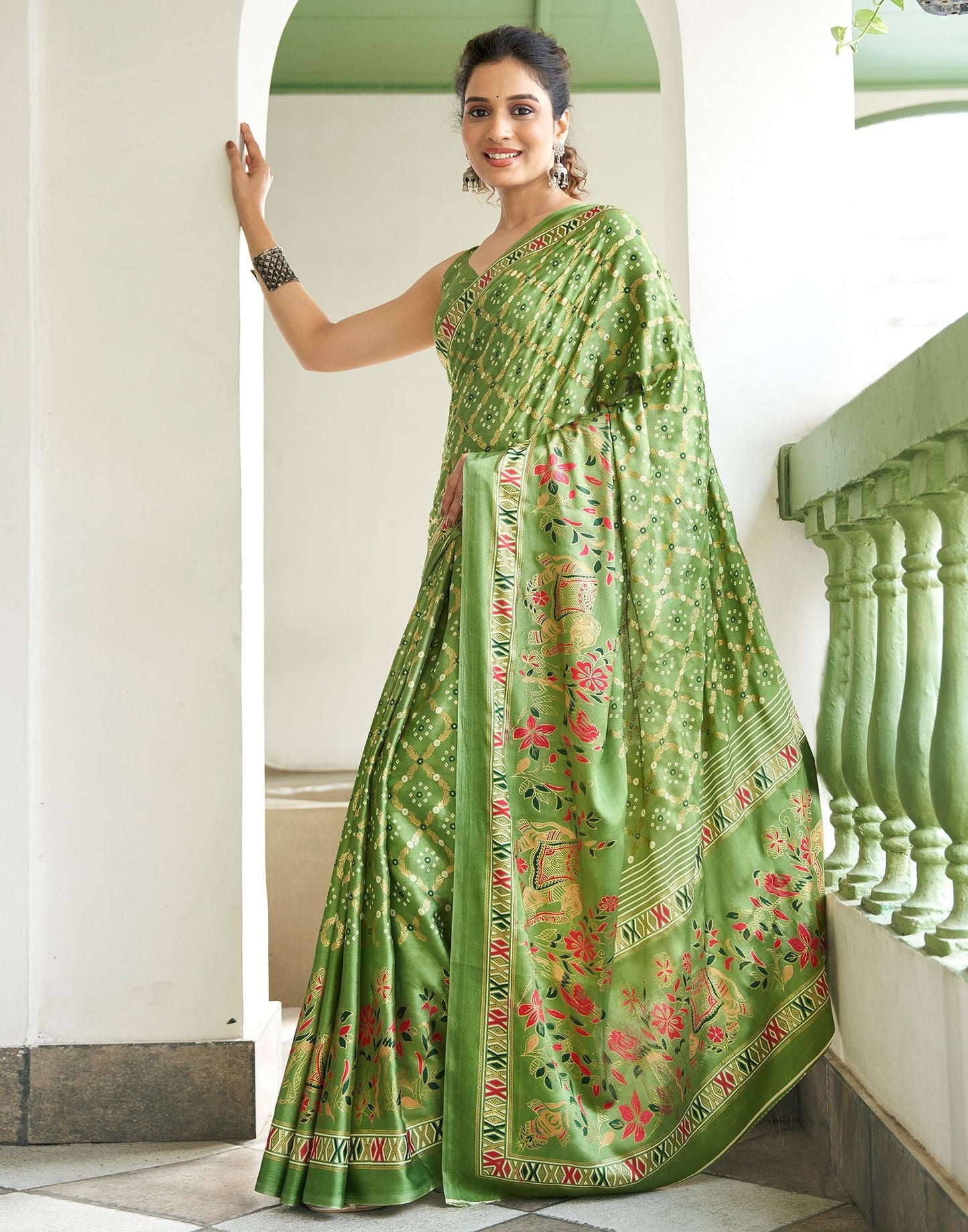 Pista Green Printed Silk Saree