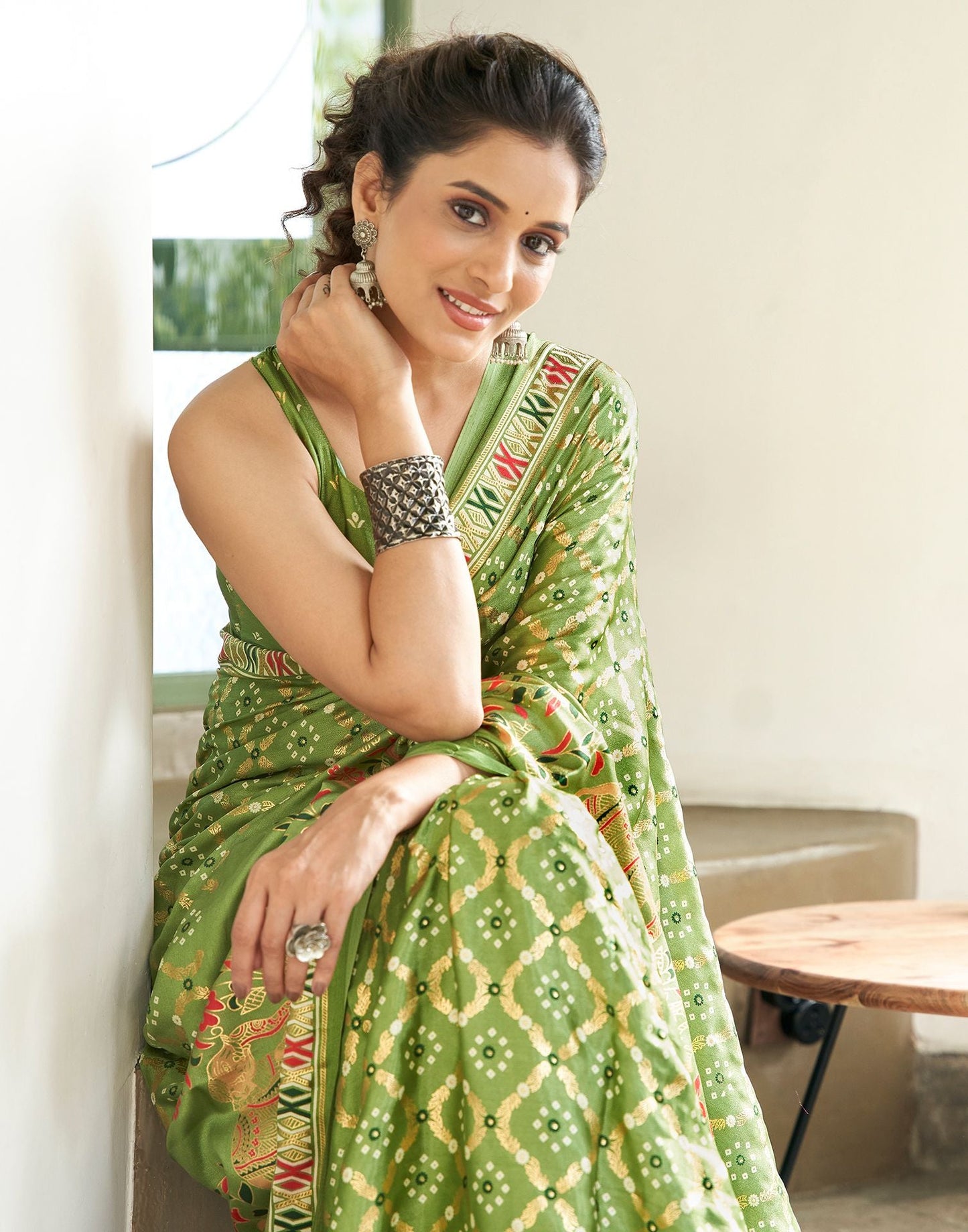 Pista Green Printed Silk Saree