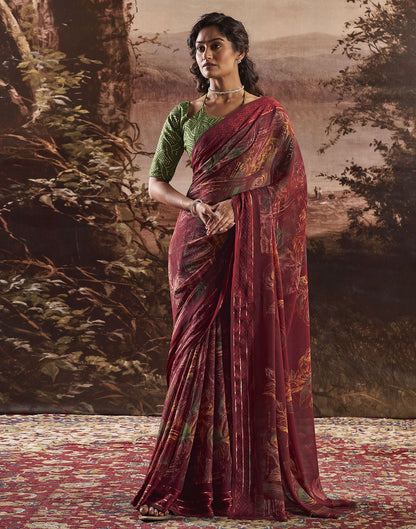 Wine Printed Georgette Saree