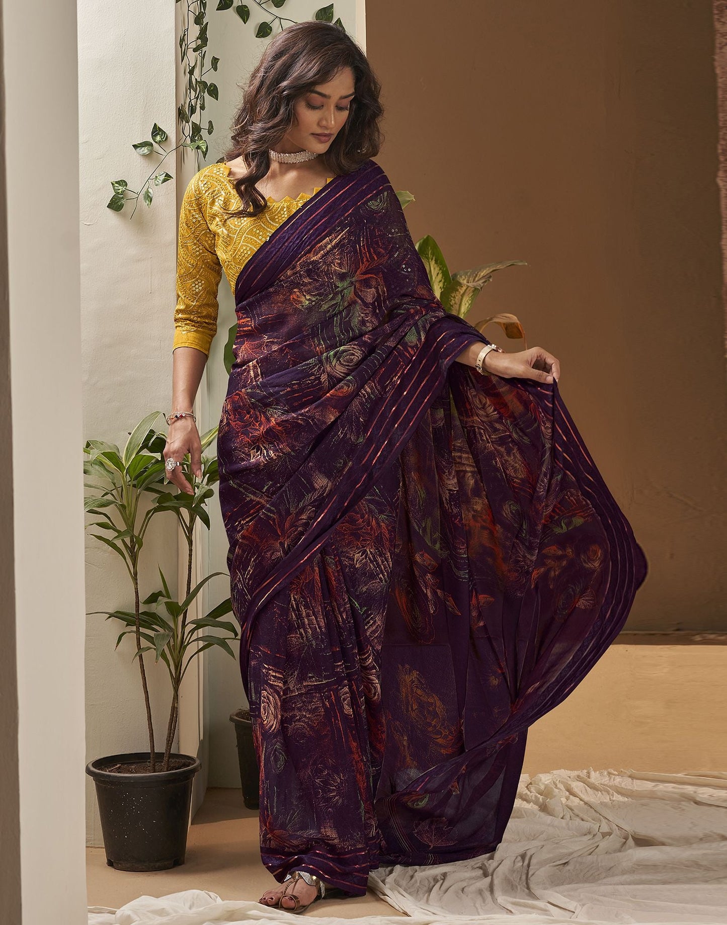Deep Purple Printed Georgette Saree