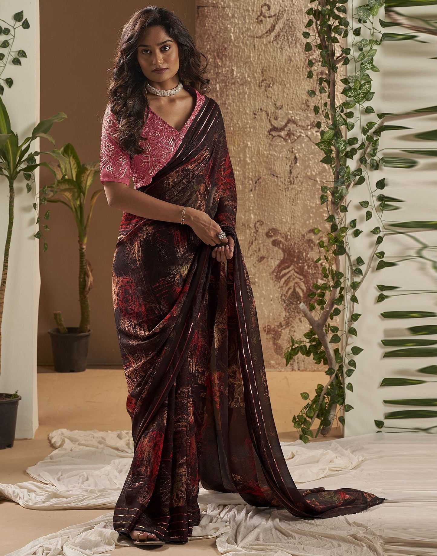 Dark Brown Printed Georgette Saree