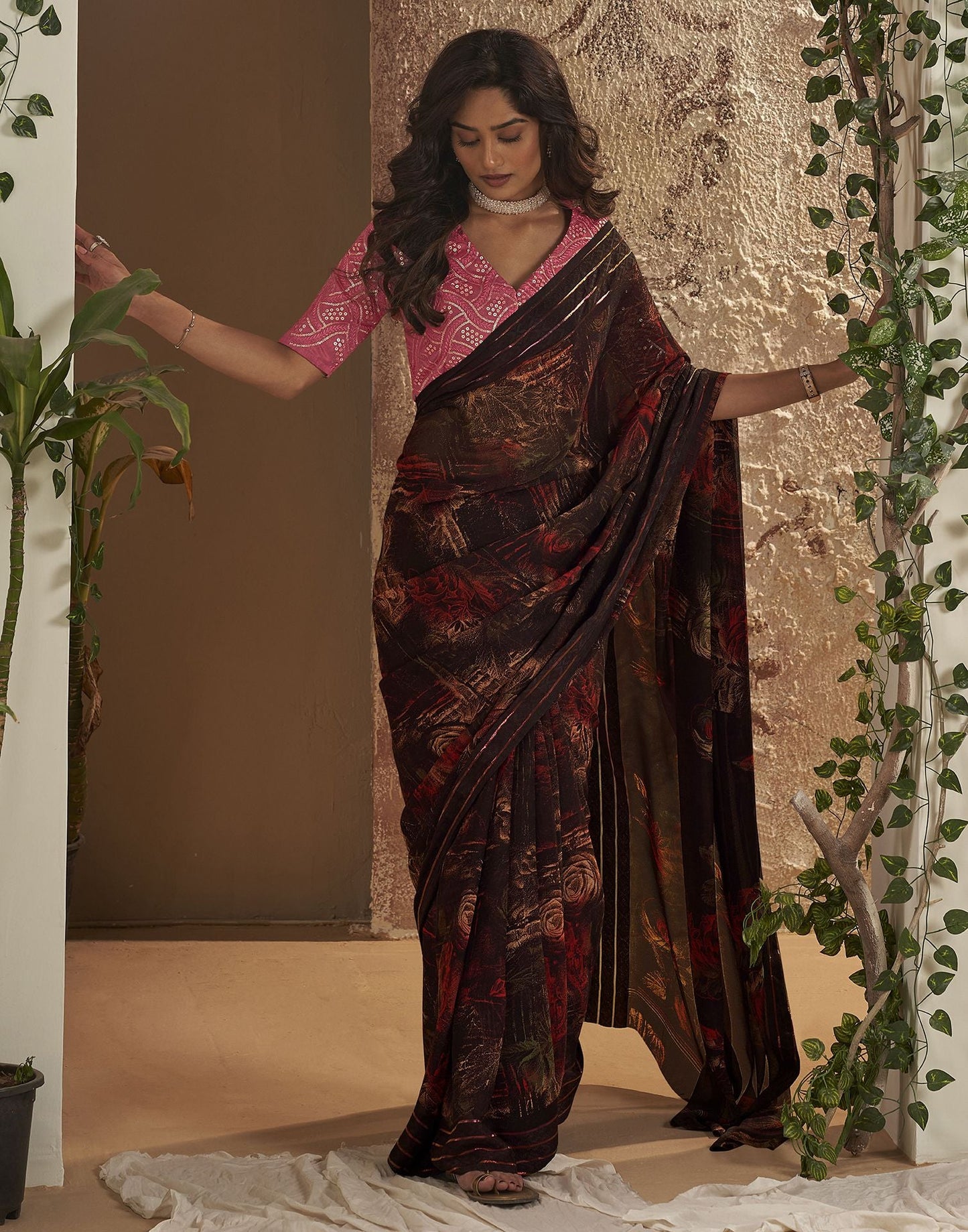 Dark Brown Printed Georgette Saree