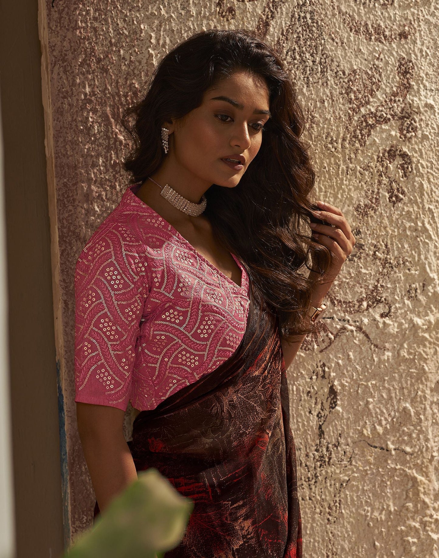 Dark Brown Printed Georgette Saree