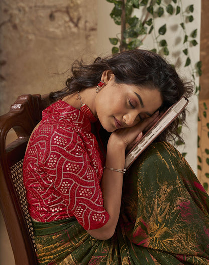 Bottle Green Printed Georgette Saree