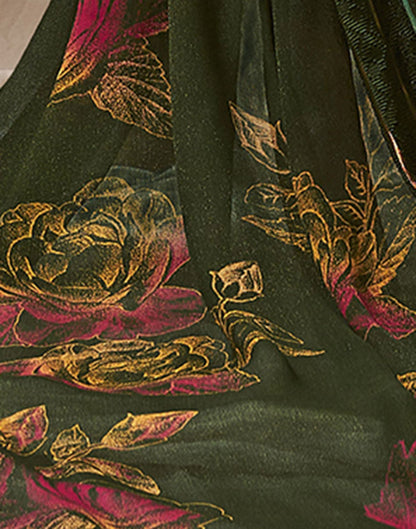 Bottle Green Printed Georgette Saree