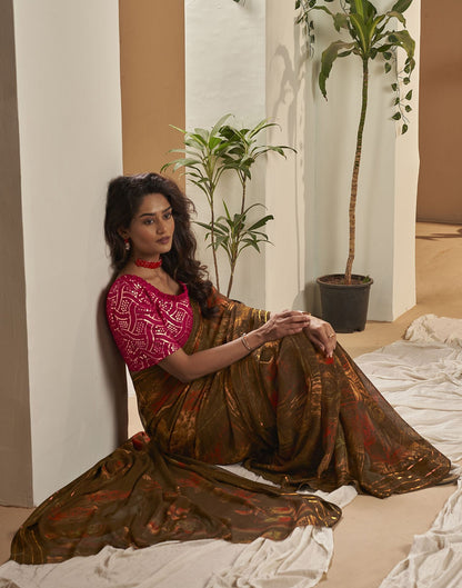 Brown Printed Georgette Saree