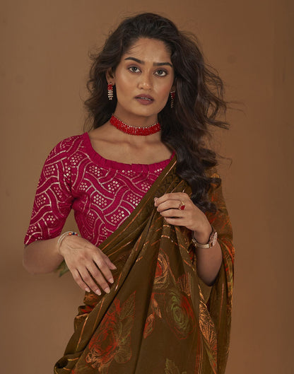 Brown Printed Georgette Saree