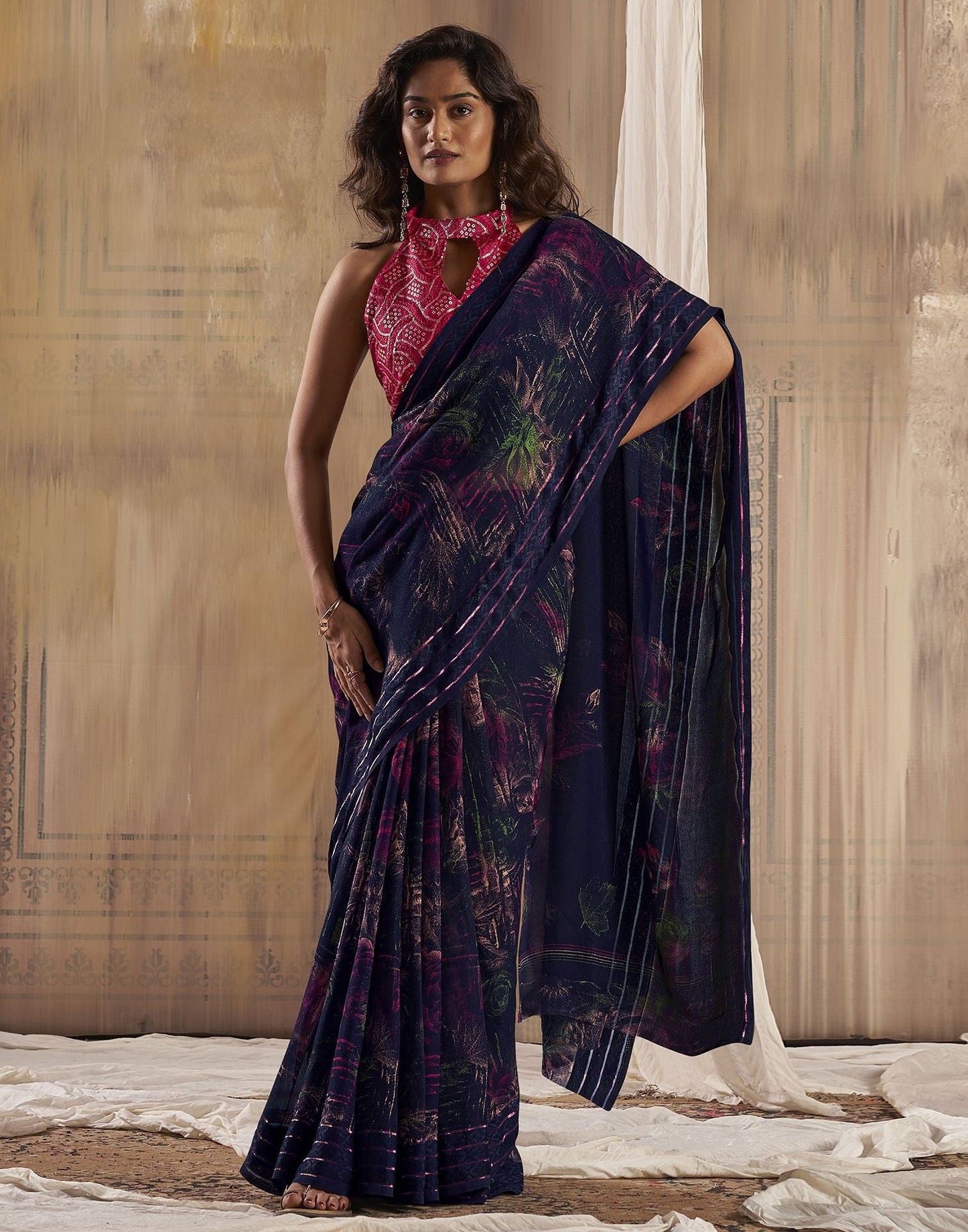 Navy Blue Printed Georgette Saree
