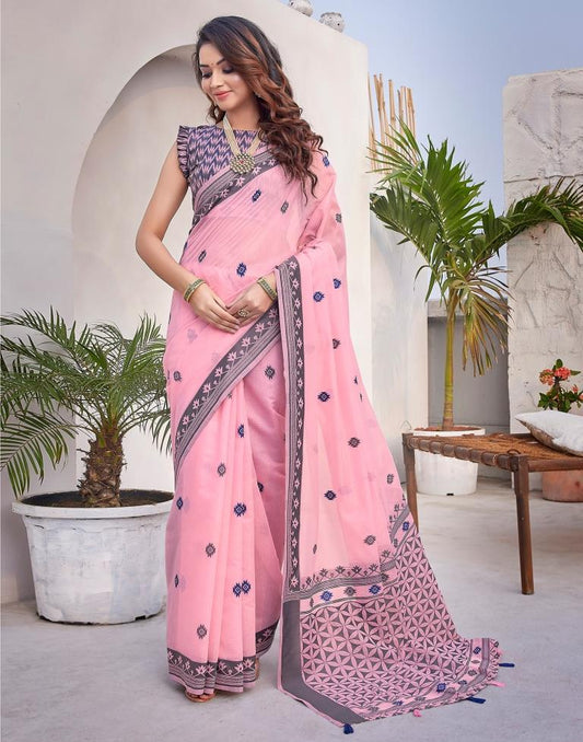 Light Pink Silk Plain Saree