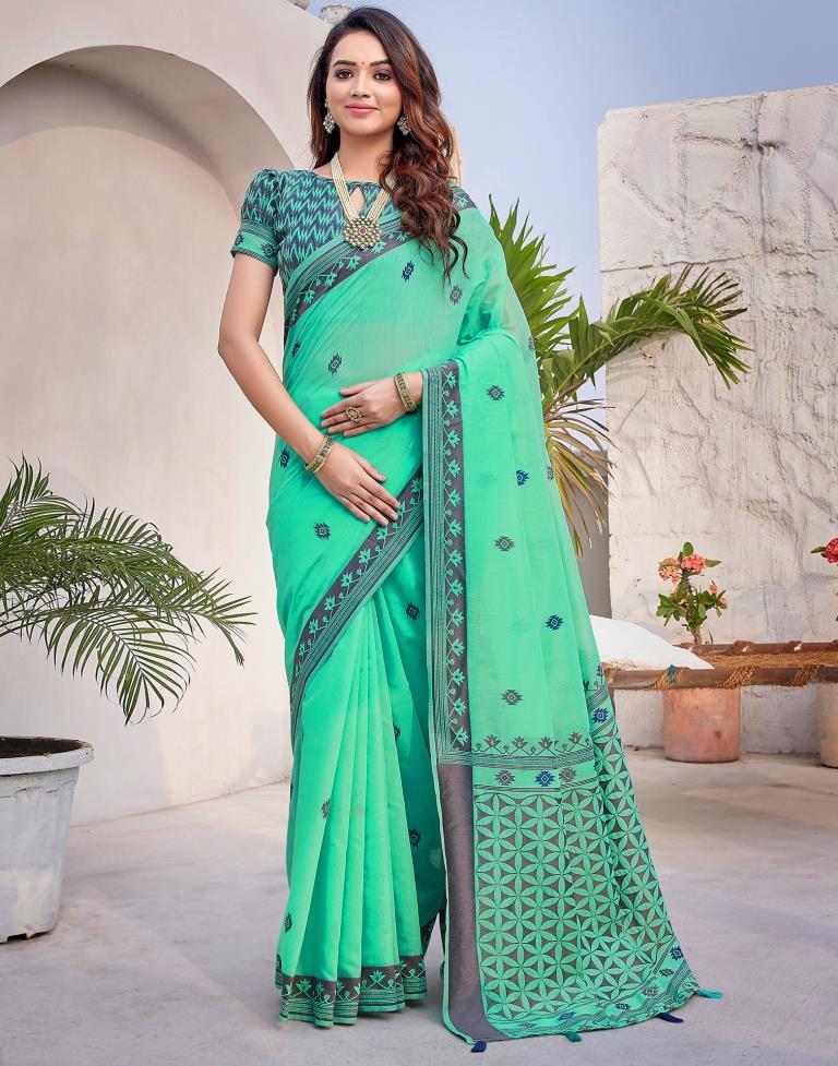 Turquoise Silk Plain Saree