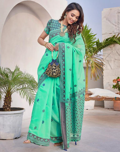 Turquoise Silk Plain Saree