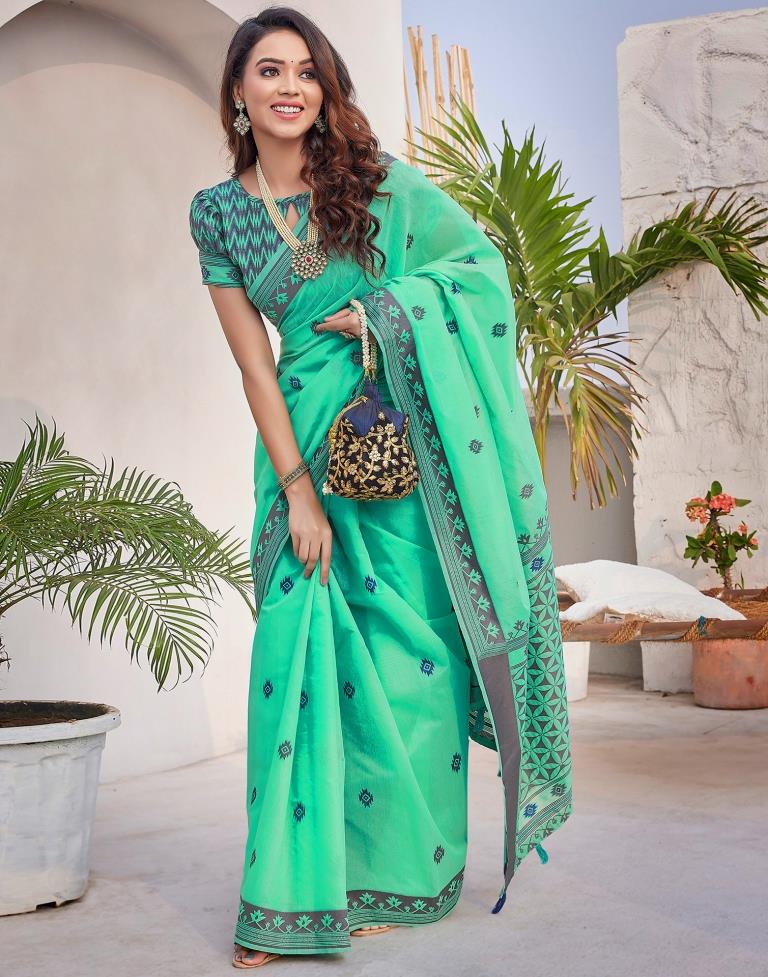 Turquoise Silk Plain Saree