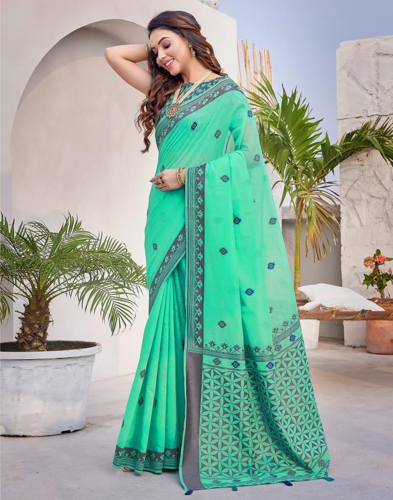 Turquoise Silk Plain Saree