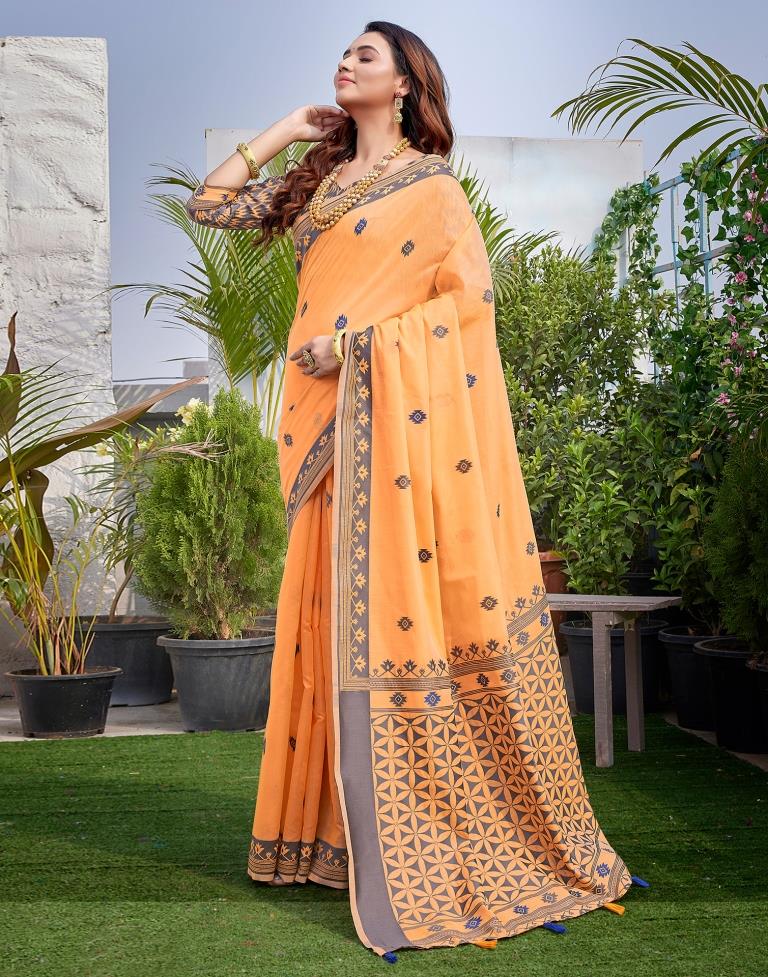 Light Orange Silk Plain Saree