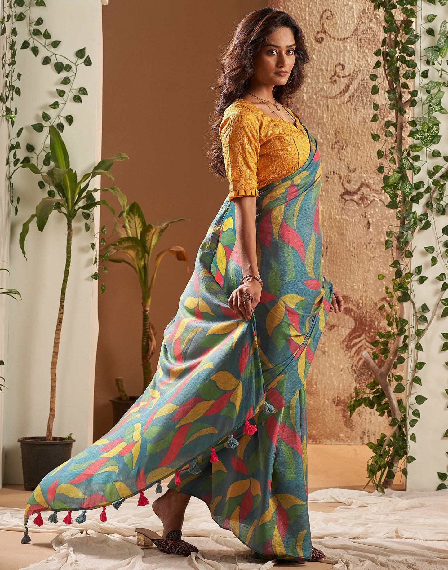 Turquoise Printed Chiffon Saree