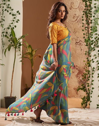 Turquoise Printed Chiffon Saree