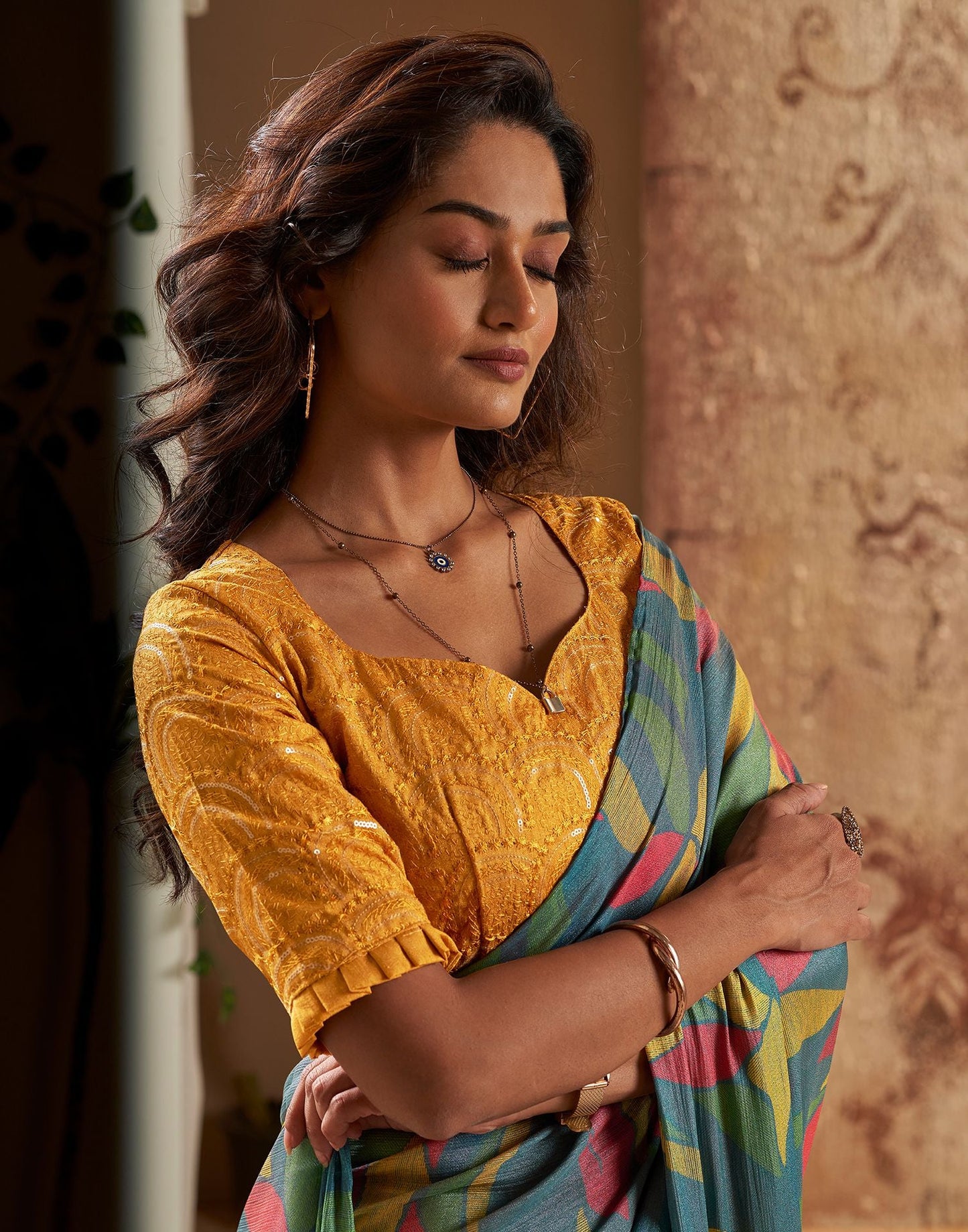 Turquoise Printed Chiffon Saree