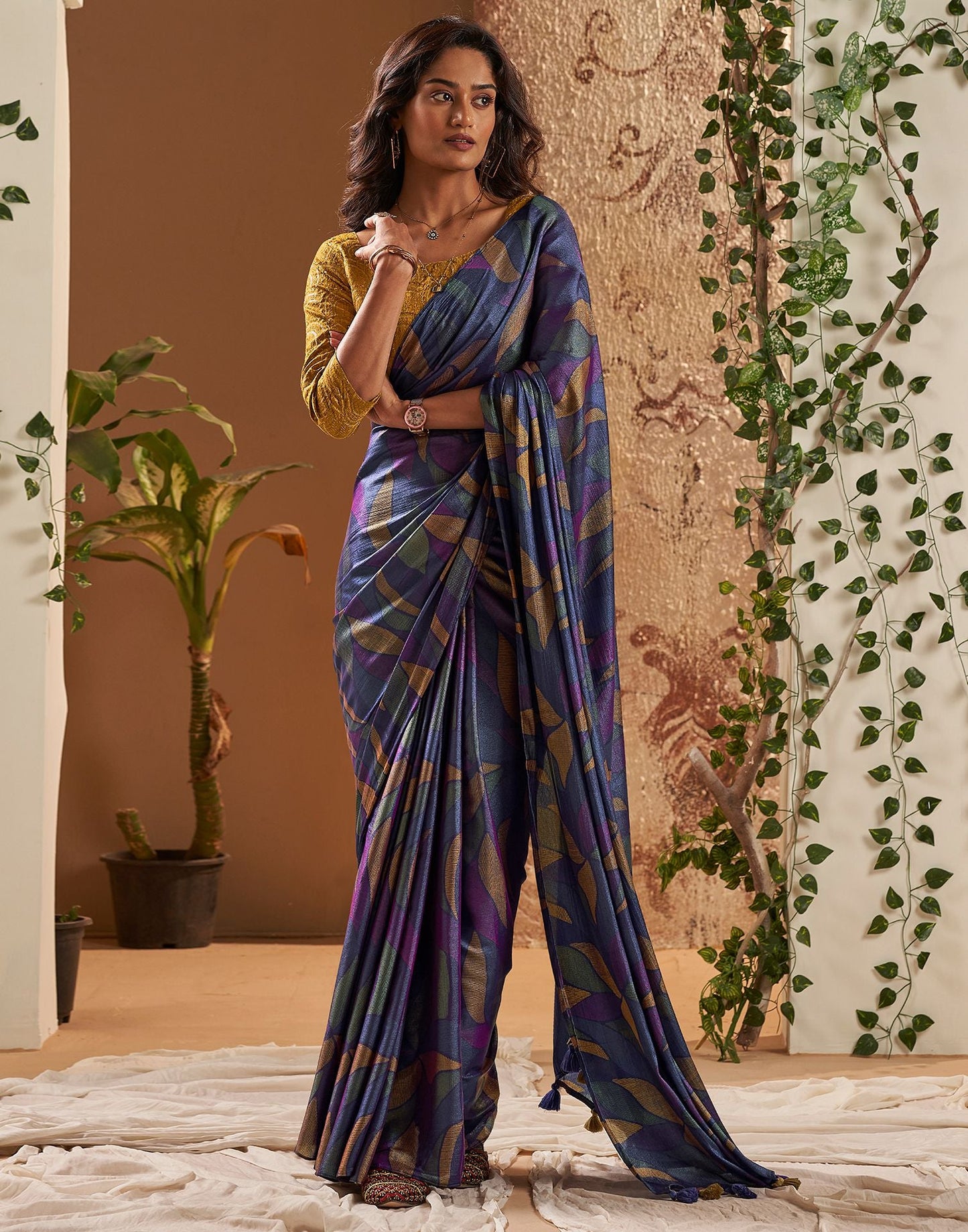 Navy Blue Printed Chiffon Saree
