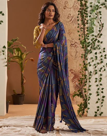 Navy Blue Printed Chiffon Saree