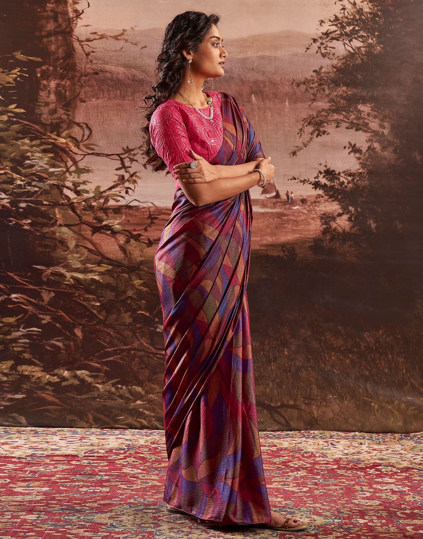 Wine Printed Chiffon Saree