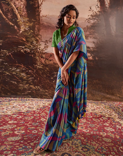 Dark Blue Printed Chiffon Saree