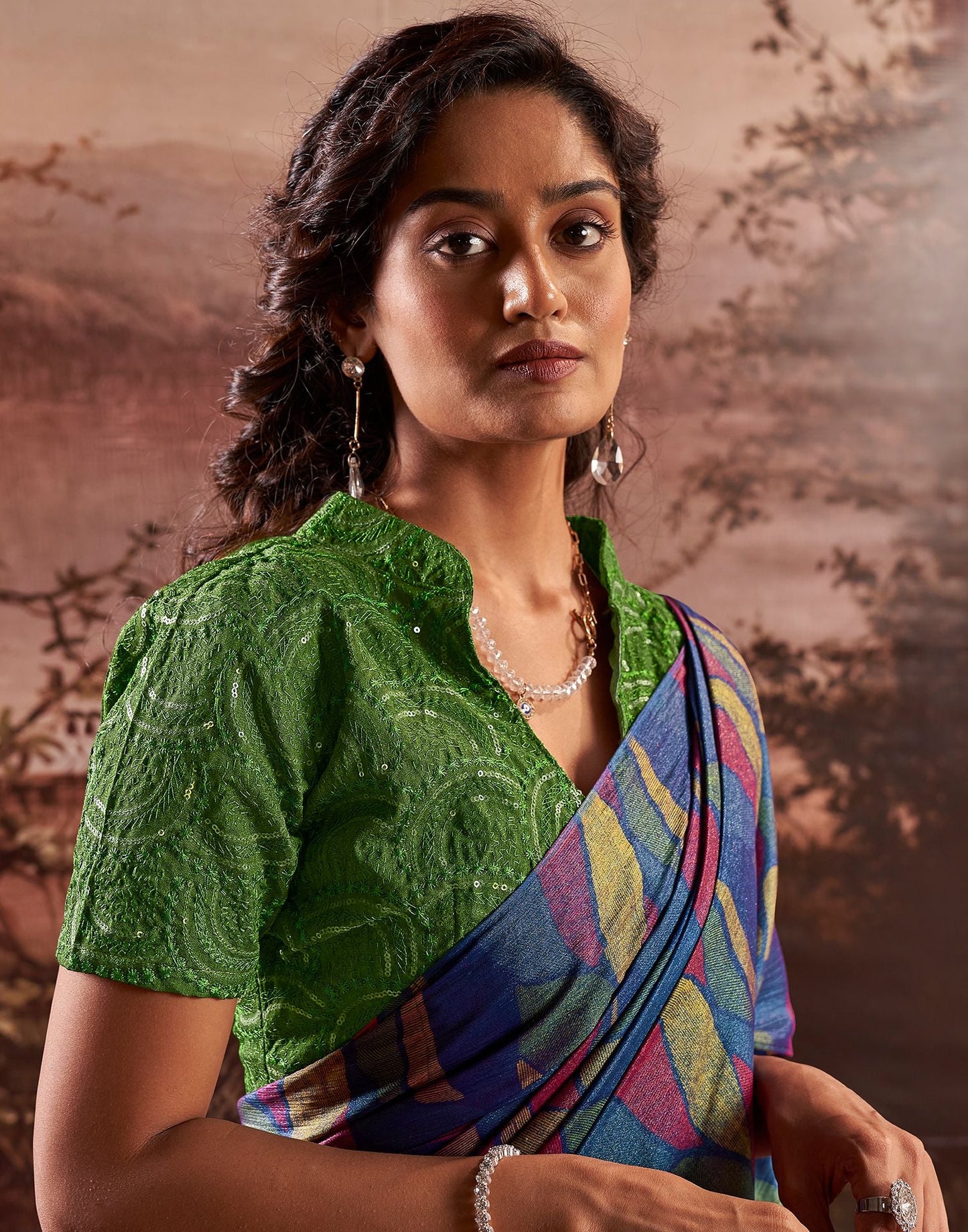 Dark Blue Printed Chiffon Saree