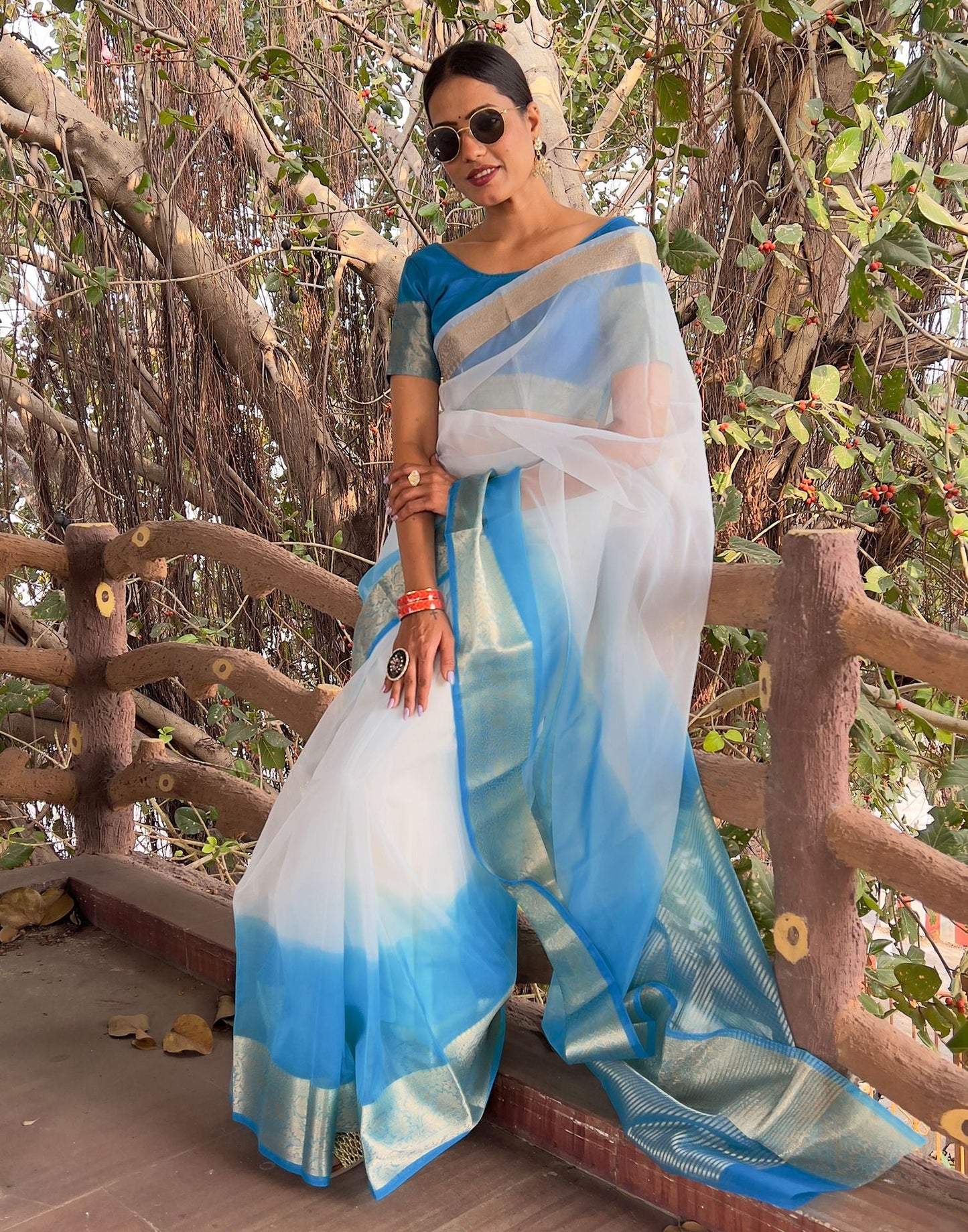 Blue Plain Organza Saree