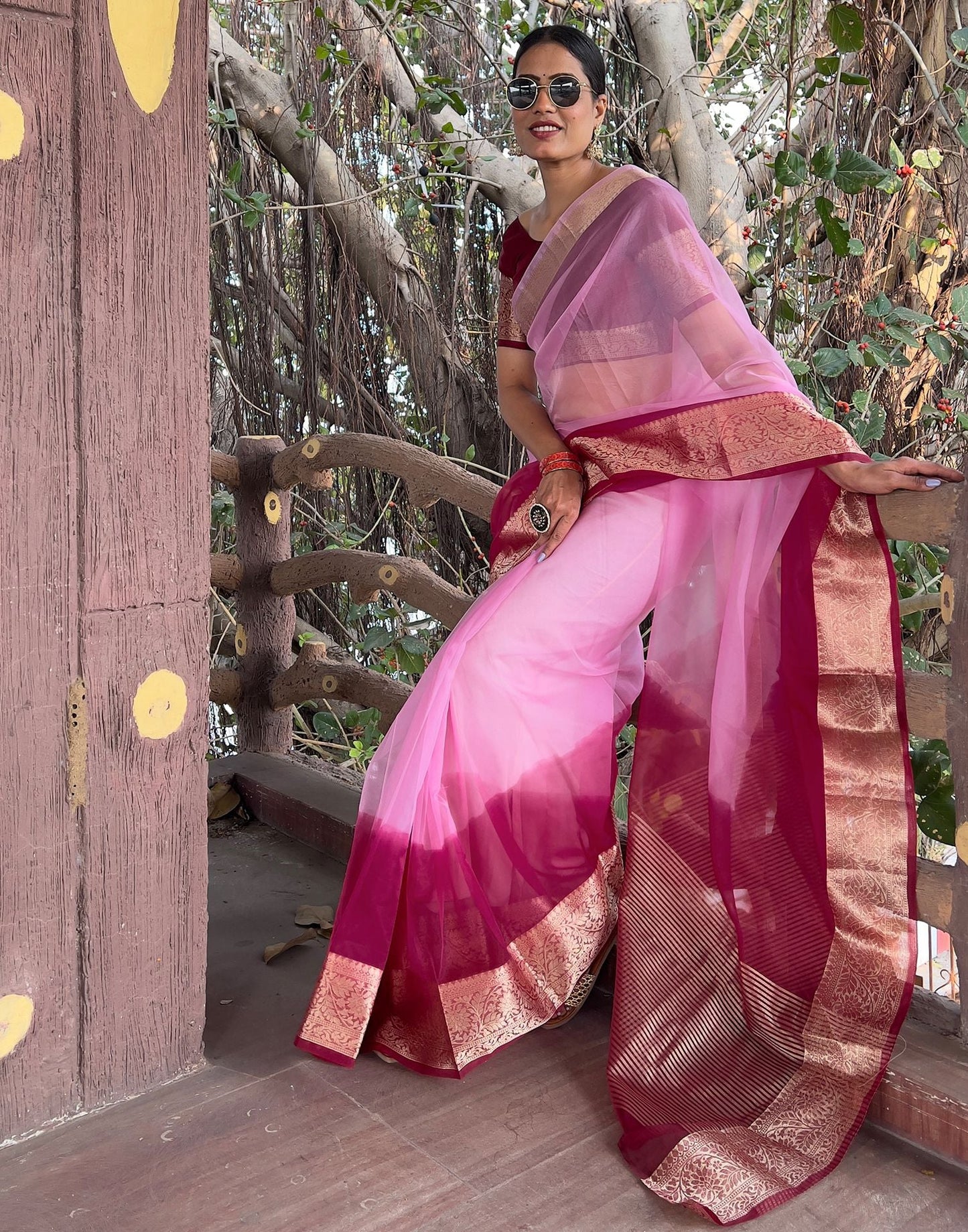 Wine Plain Organza Saree