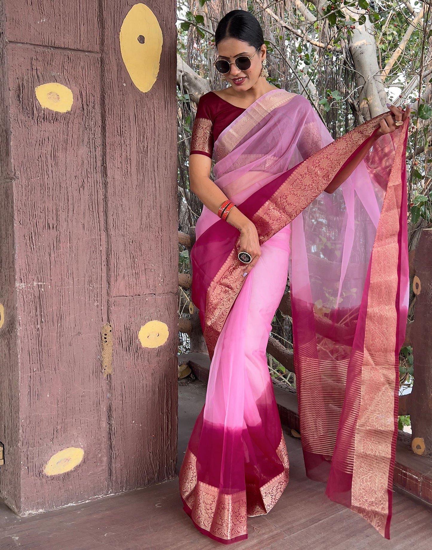 Wine Plain Organza Saree